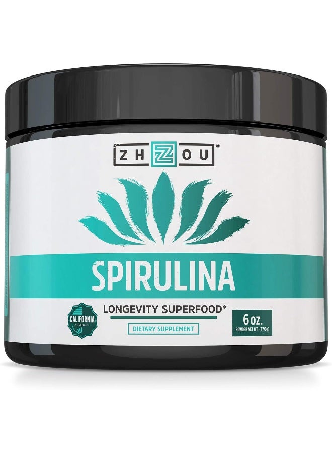 Zhou Spirulina Powder, Nutrient Rich Superfood, California Grown, 100% Pure, Vegan, Gluten Free, Non-GMO, Non-Irradiated, Perfect for Smoothies, Juices, 48 Servings, 6 oz - Image 1